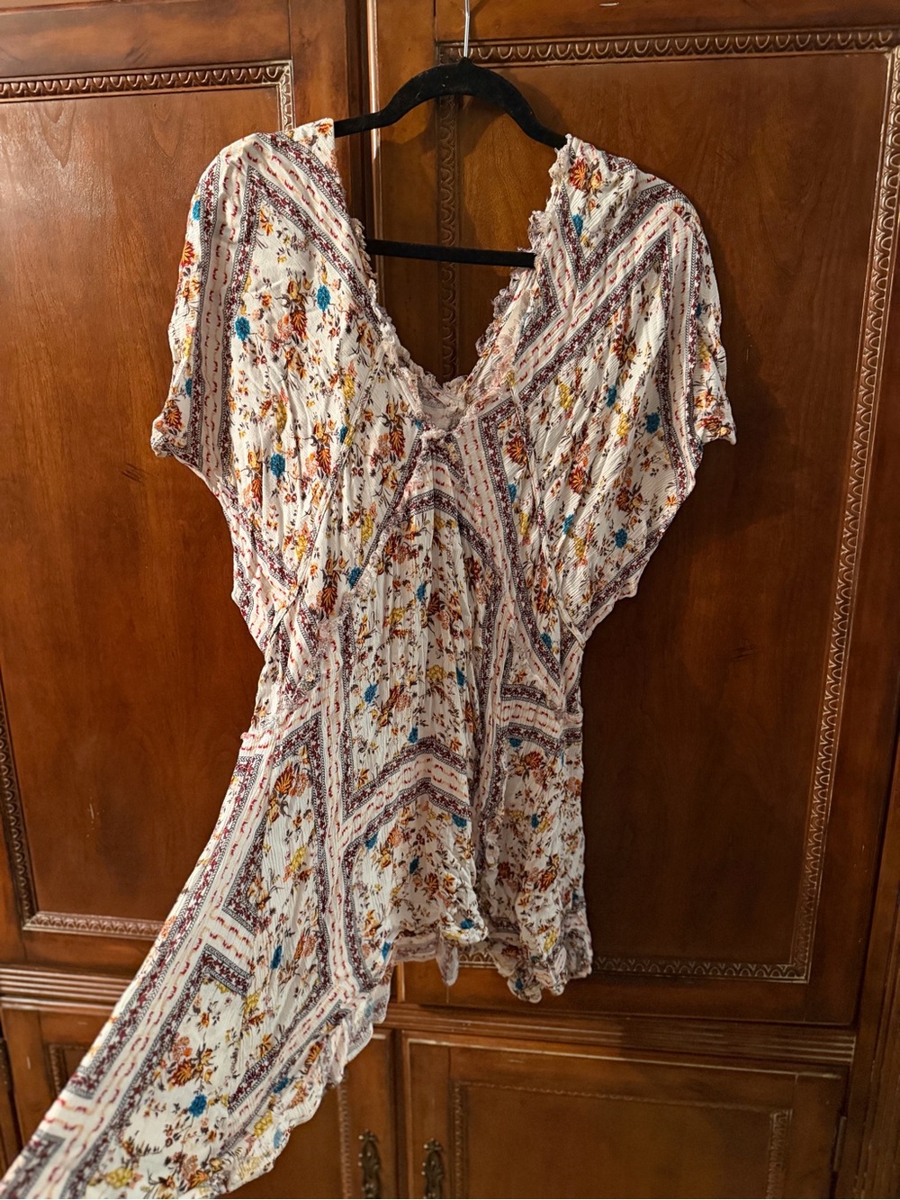 Altar'd State White Floral & Stripe V-Neck Boho Tunic
